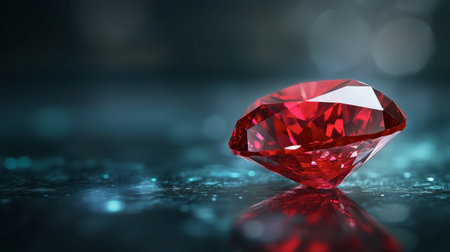 Close-up of a stunning ruby gemstone with a brilliant red glow, placed on a reflective surface.の素材