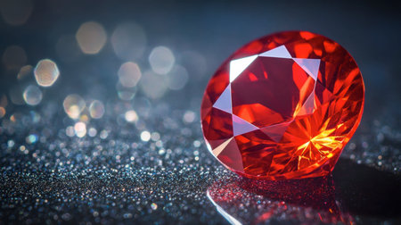 Close-up of a stunning ruby gemstone with a brilliant red glow, placed on a reflective surface.の素材