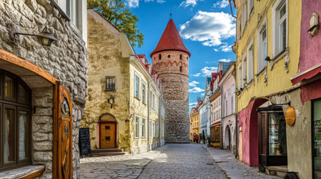 The charming old town of Tallinn, Estonia, with medieval towers and colorful buildings.の素材