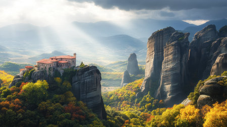 The dramatic landscape of Meteora, Greece, with ancient monasteries perched on top of towering rock formations.の素材