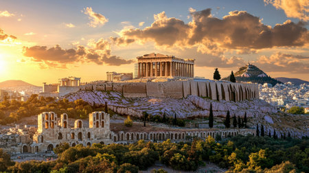 The historic Acropolis in Athens, Greece, standing proudly against the backdrop of a golden sunset.の素材