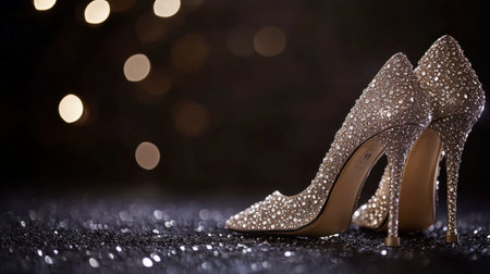 Elegant evening heels with sparkling rhinestones set against a dark background.の素材