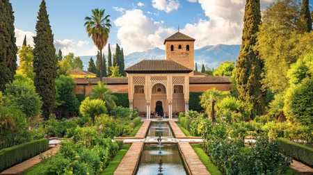 The magnificent architecture of the Alhambra in Granada, Spain, with its stunning Moorish designs and lush gardens.の素材