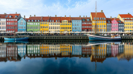 The colorful buildings of Nyhavn in Copenhagen, Denmark, reflected in the peaceful waters of the harbor.の素材