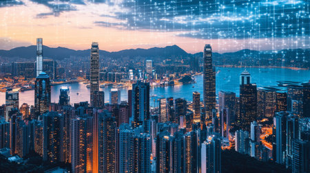 Smart city skyline with AI-powered business analytics displayed in the foreground.の素材