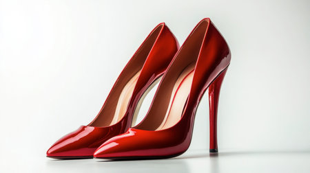 A stylish pair of red high heels with a glossy finish on a white background.の素材