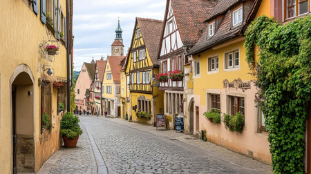 The charming streets of Rothenburg ob der Tauber, Germany, with half-timbered houses and cobblestone pathways.の素材