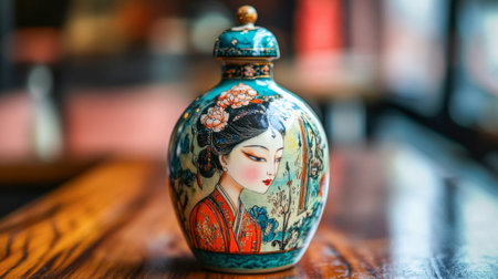 A portrait vase with an elegant depiction of a queen, placed on a polished wooden surface.の素材