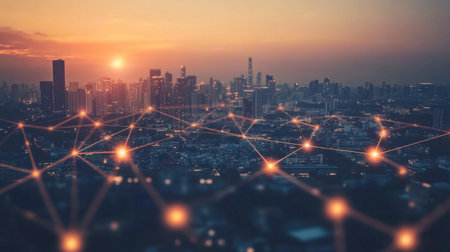 Global business networking concept with digital connections linking major cities.の素材