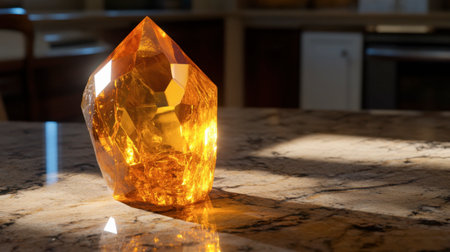 A luminous citrine gemstone with golden hues, glowing under sunlight on a marble surface.の素材