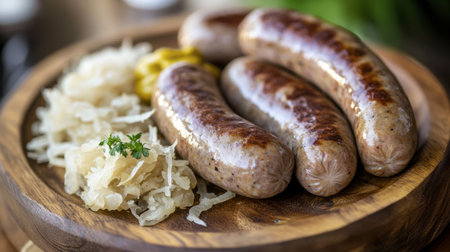 A serving of German bratwurst with sauerkraut and mustard on a wooden platter.の素材