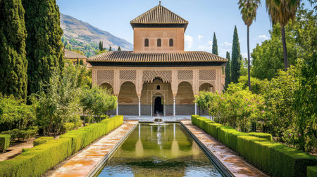 The magnificent architecture of the Alhambra in Granada, Spain, with its stunning Moorish designs and lush gardens.の素材