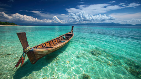 A long-tail boat floating in the crystal-clear sea near Koh Rok.の素材