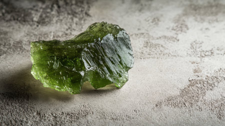 A uniquely shaped moldavite gemstone with natural rough edges, placed on a neutral background.の素材