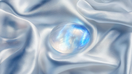 A mesmerizing moonstone gem with a soft glow, placed delicately on a bed of white satin.の素材