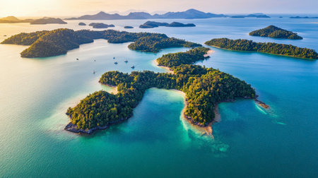 Aerial view of Koh Kam archipelago, featuring untouched tropical islands.の素材