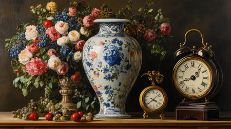A beautifully crafted portrait vase, elegantly placed next to an antique clock and a floral arrangement.の素材