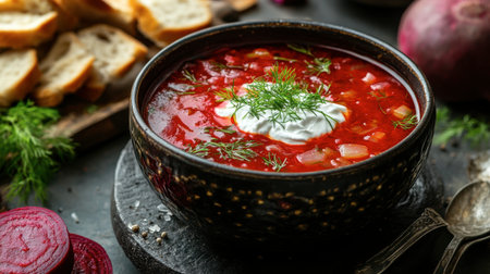 A bowl of Russian borscht, beet soup with sour cream and fresh dill.の素材