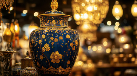 A breathtaking hand-painted portrait vase with gold embellishments, reflecting under chandelier lights.の素材