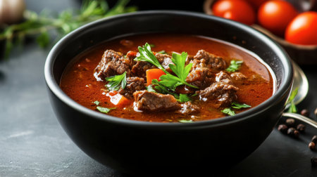 A bowl of Hungarian goulash with tender beef and paprika-infused broth.の素材