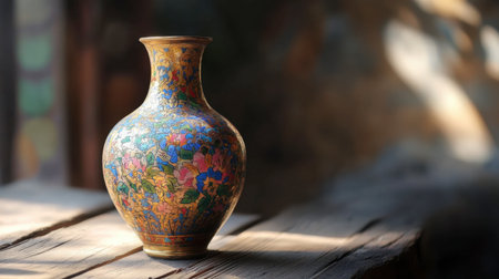 A beautiful antique portrait vase with detailed craftsmanship, placed on a wooden table with soft lighting.の素材