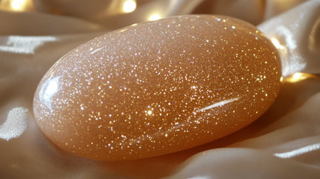 A beautifully polished sunstone gemstone with a glittering effect, placed under warm lighting.の素材