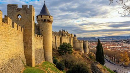 The medieval fortress of Carcassonne, France, with its impressive walls and fairy-tale towers.の素材