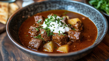 A bowl of Hungarian goulash with tender beef and paprika-infused broth.の素材