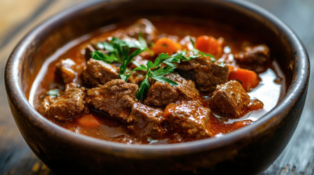 A bowl of Hungarian goulash with tender beef and paprika-infused broth.の素材