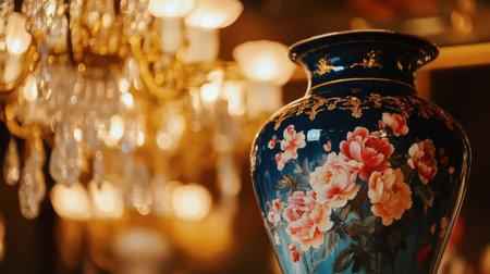 A breathtaking hand-painted portrait vase with gold embellishments, reflecting under chandelier lights.の素材