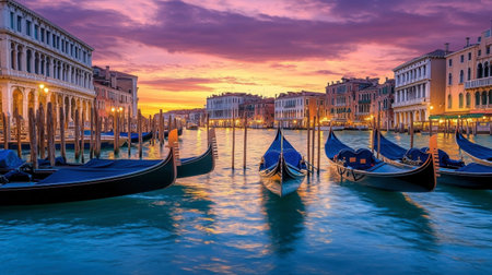 The mesmerizing canals of Venice, Italy, with gondolas gliding through the shimmering waters at sunset.の素材