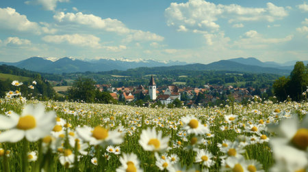 The picturesque scenery of Bavaria, Germany, with rolling hills, alpine meadows, and charming villages.の素材