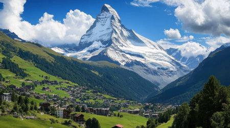 The stunning view from the Matterhorn, Switzerland, towering over snow-capped mountains and alpine villages.の素材