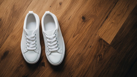 White sneakers with a minimalist design, neatly arranged on a wooden floor.の素材