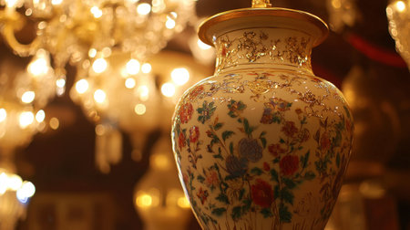 A breathtaking hand-painted portrait vase with gold embellishments, reflecting under chandelier lights.の素材