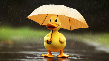 A cartoon duck figure with big feet and an umbrella, standing in the rain.の素材