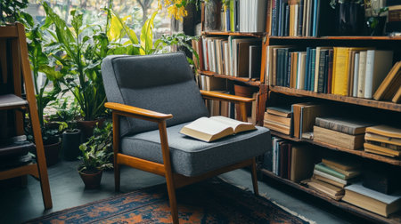 A cozy reading nook with stylish storage boxes arranged beside a comfortable chair, enhancing the rooms aesthetic.の素材