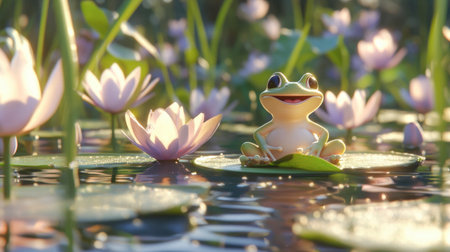 A cartoon frog figure sitting on a lily pad with a big smile.の素材