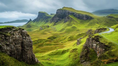 The rugged beauty of the Isle of Skye in Scotland, with its dramatic cliffs and rolling green hills.の素材