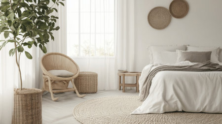 A clean, airy bedroom with stylish woven storage baskets placed neatly along the wall.の素材
