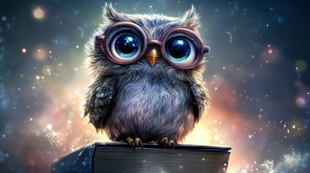 A cartoon owl figure with big eyes and glasses, perched on a book under a night sky.の素材