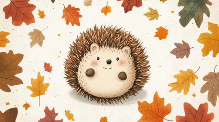 A cartoon hedgehog figure rolled up into a cute ball, surrounded by autumn leaves.の素材