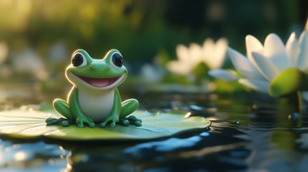 A cartoon frog figure sitting on a lily pad with a big smile.の素材