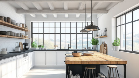 A farmhouse-style kitchen with large windows, soft curtains, a wooden island, and chic black-and-white decor.の素材