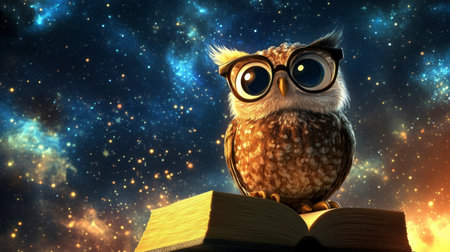 A cartoon owl figure with big eyes and glasses, perched on a book under a night sky.の素材