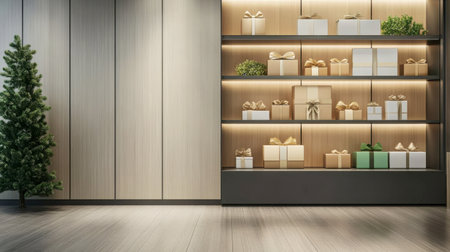 A modern room with neatly arranged gift boxes in various sizes and colors, placed on a minimalist shelf.の素材