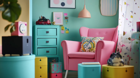 A cozy reading nook with stylish storage boxes arranged beside a comfortable chair, enhancing the rooms aesthetic.の素材