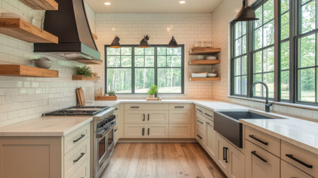 A dreamy farmhouse kitchen with neutral tones, featuring wooden shelves, black industrial lights, and a farmhouse sink.の素材
