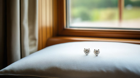 A single pair of elegant diamond earrings displayed on a white velvet cushion, catching light from a nearby window.の素材