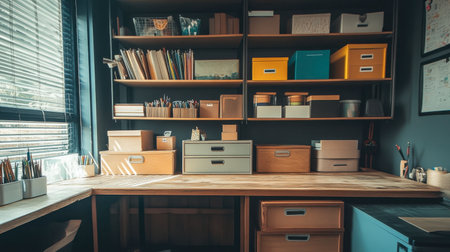 A creative studio space with well-organized craft boxes stacked neatly on a wooden shelf.の素材